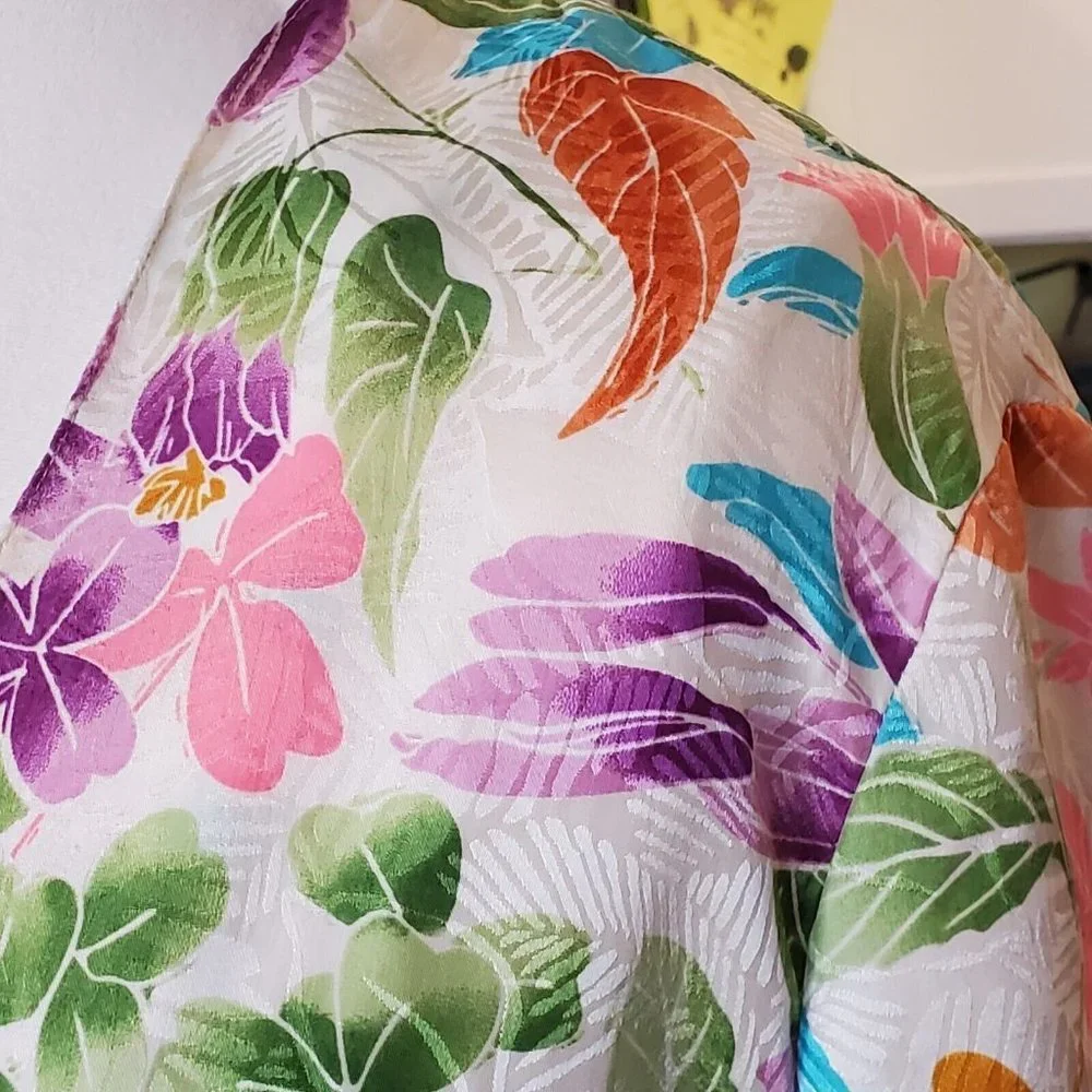 Vintage Floral Thin‎ Silk Jacket Colorful Satin Sz Medium Pockets Oversized